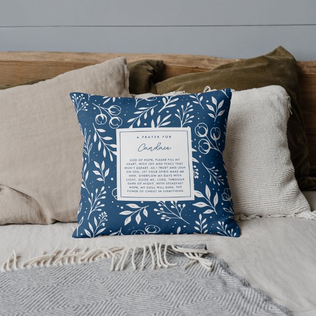 Gebed voor vreugde Vrede Gift Schrift Blauwe Bloem Kussen (Faith-filled scripture pillow featuring editable prayer poem front.)