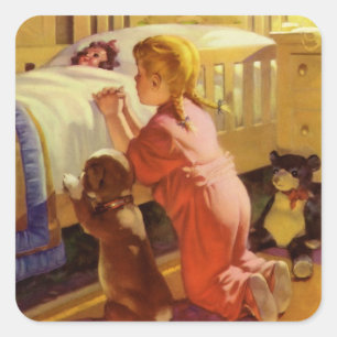 Gebeden voor het Slapen gaan, Meisje met Puppies,  Vierkante Sticker