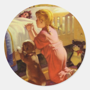Gebeden voor het Slapen, Meisje met Puppies, Antie Ronde Sticker