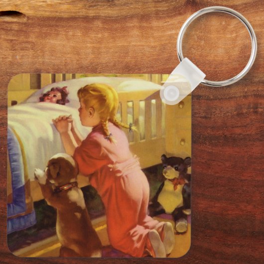 Gebeden voor het slapengaan, meisje met puppy, vin sleutelhanger (Achterkant)