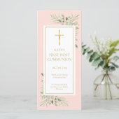 Gebedkaart bladervormig roze heilige communie boek (Staand voorkant)