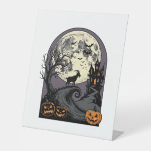 Gebeeldhouwde geit maan vintage Halloween silhouet Reclamebord Met Voetstuk