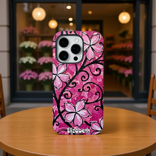 Gebeeldhouwde roze bloemen op zwarte scrollwork Case-Mate iPhone case