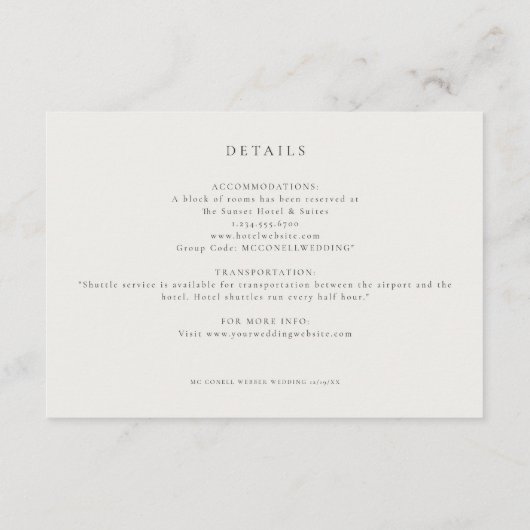 gebeeldhouwde twijg off-white bruiloft details kaa informatiekaartje (Achterkant)
