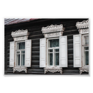 Gebeeldhouwde vensterframes Oude blokhut architect Foto Afdruk