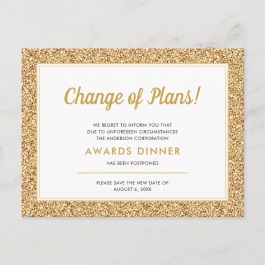Gebeurtenis uitgesteld Geannuleerd Gold Glitter Briefkaart (Voorkant)