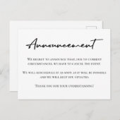 Gebeurtenisannulering zwart-wit aankondiging briefkaart (Voorkant / Achterkant)