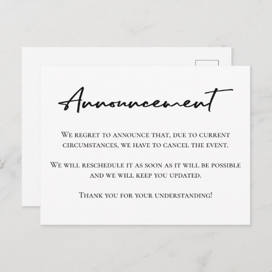 Gebeurtenisannulering zwart-wit aankondiging briefkaart (Voorkant / Achterkant)