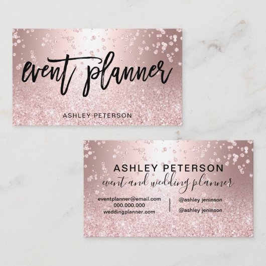 Gebeurtenisplanner roos goud glitter metallic conf visitekaartje (Voorkant / Achterkant)