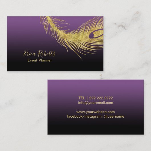 Gebeurtenisplanning Elegant Gold Peacock Feather P Visitekaartje (Voorkant / Achterkant)