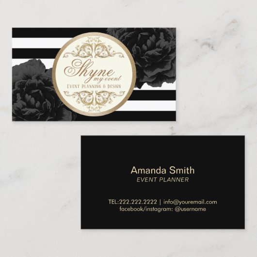 Gebeurtenisplanning Zwarte Floral Moderne Stripes Visitekaartje (Voorkant / Achterkant)