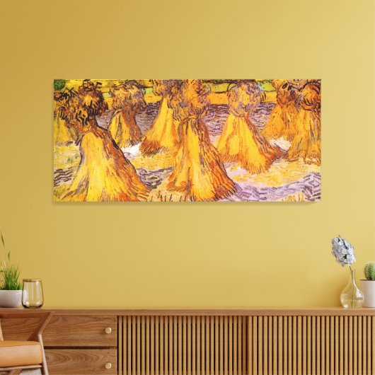 Gebied met Stacks of Wheat door Van Gogh. Canvas Afdruk (Insitu (Woonkamer))