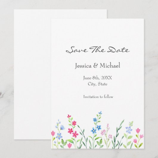 Gebied van gemengde Waterverf wilde bloemen Save The Date (Voorkant / Achterkant)