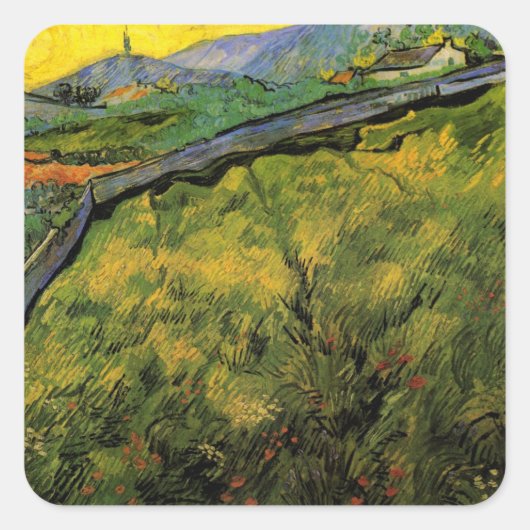 Gebied van Spring Wheat, zon door Vincent van Gogh Vierkante Sticker (Voorkant)