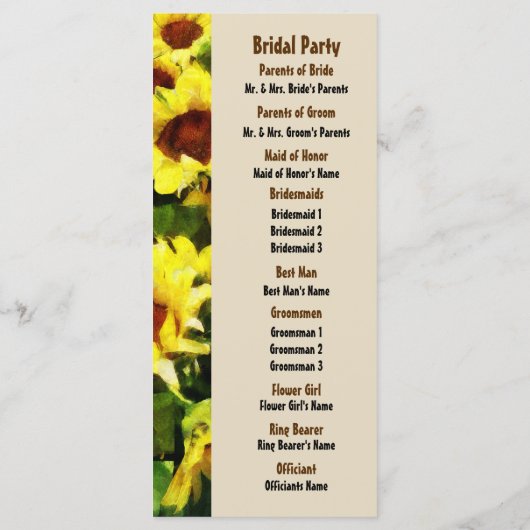 Gebied van Zonnebloemen Wedding Program Programmakaart (Achterkant)