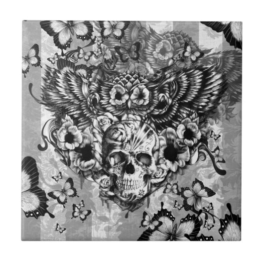 Gebleken en gevonden bloem met suikerschedel tegeltje (Voorkant)