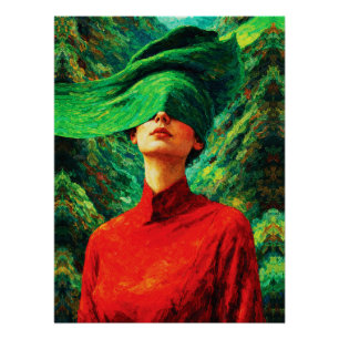 Geblinddoekte vrouw in rode natuurfusie Impasto Perfect Poster