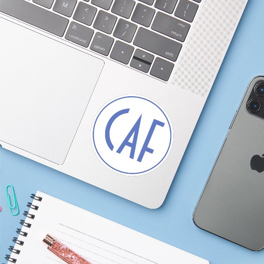 Geblindeerde blauwe en witte Kiss Cut Sticker (Laptop met iPhone)