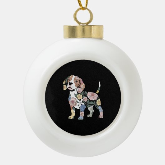 Gebloemde Beagle Silhuet Ontwerp Keramische Bal Ornament (Voorkant)