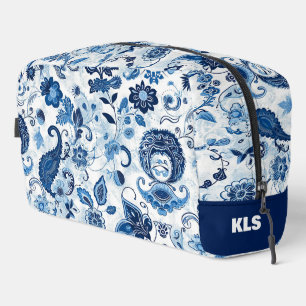 Gebloemde Blauwe en Witte Paisley Monogram Persona Toilettasje