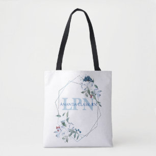 Gebloemde Blauwe Gepersonaliseerde LPN Monogram Tote Bag