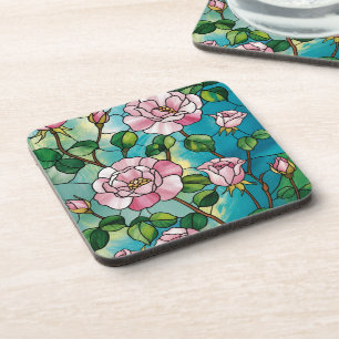 Gebloemde glas-in-lood effect roze bloemen botanis bier onderzetter
