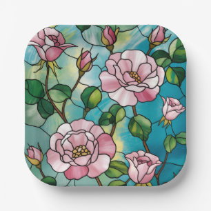 Gebloemde glas-in-lood effect roze bloemen botanis papieren bordje