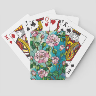 Gebloemde glas-in-lood effect roze bloemen botanis pokerkaarten