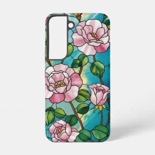 Gebloemde glas-in-lood effect roze bloemen botanis samsung galaxy hoesje