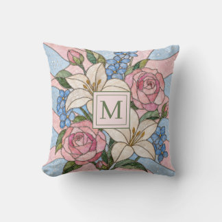 Gebloemde Glas-in-Lood Gepersonaliseerd Monogram Kussen