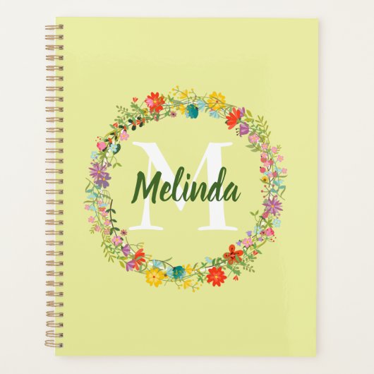 Gebloemde krans groene strepen gepersonaliseerd mo planner (Voorkant)