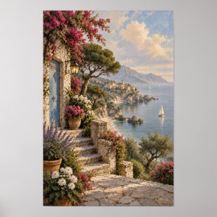 Gebloemde kustterras- en zeilbootdorpsmuur poster