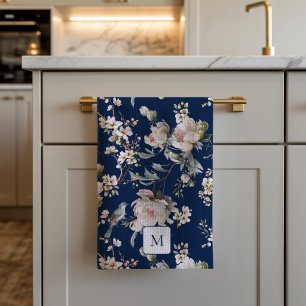 Gebloemde Vogels in Navy Blauwe Waterverf Monogram Theedoek