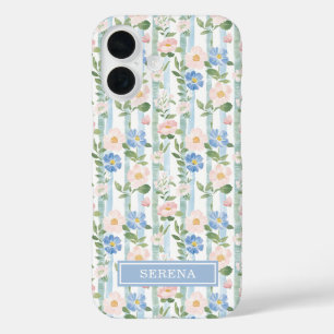 Gebloemde waterverf gestreepte gepersonaliseerde b iPhone 16 hoesje