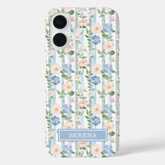Gebloemde waterverf gestreepte gepersonaliseerde b Case-Mate iPhone case (Achterkant)
