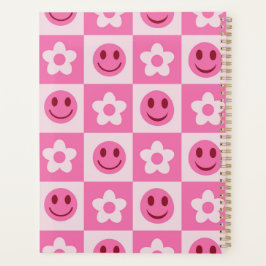 Geblokte bloemen en gelukkige gezichten roze planner