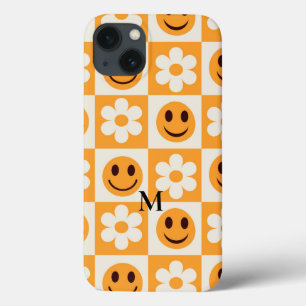 Geblokte bloemen en oranje glimlachende gezichten Case-Mate iPhone case