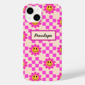 Geblokte hete roze lachende bloemen gepersonalisee Case-Mate iPhone case (Achterkant)