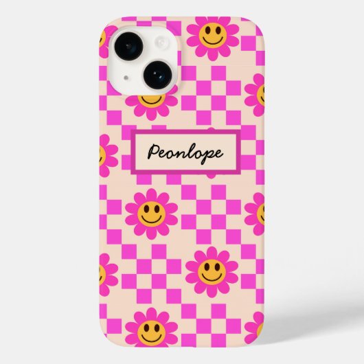 Geblokte hete roze lachende bloemen gepersonalisee Case-Mate iPhone case (Achterkant)