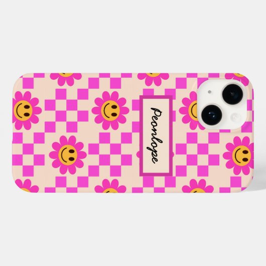 Geblokte hete roze lachende bloemen gepersonalisee Case-Mate iPhone case (Achterkant (horizontaal))