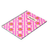 Geblokte hete roze lachende bloemen gepersonalisee notitieboek (Linkerzijde)