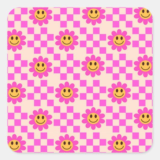 Geblokte hete roze lachende bloemen patroon vierkante sticker (Voorkant)