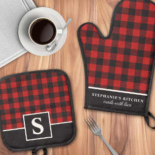 Geblokte Rode En Zwarte Buffalo Plaid Monogram Ovenwant & Pannenlap Set