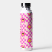Geblokte Roze Lachende Bloemen Aangepaste Naam Waterfles (Links)