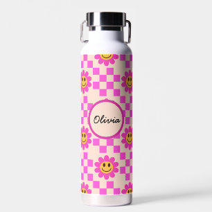 Geblokte Roze Lachende Bloemen Aangepaste Naam Waterfles