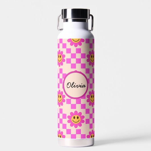 Geblokte Roze Lachende Bloemen Aangepaste Naam Waterfles (Voorkant)