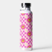 Geblokte Roze Lachende Bloemen Aangepaste Naam Waterfles (Rechts)