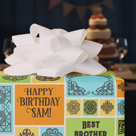 Geblokte tegels Verjaardag Voeg de tekst oranje gr Cadeaupapier