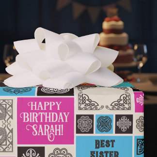 Geblokte Tegels Verjaardag Voeg de Tekst Toe Zwart Cadeaupapier