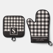 Geblokte zwart-wit geruite monogram ovenwant & pannenlap set (Voorkant)